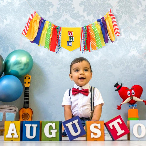Jissoo Fabric,1st Letter Blocks One High Chair Banner - First Birthday Decorations, Nursery Rhyme Highchair Garland