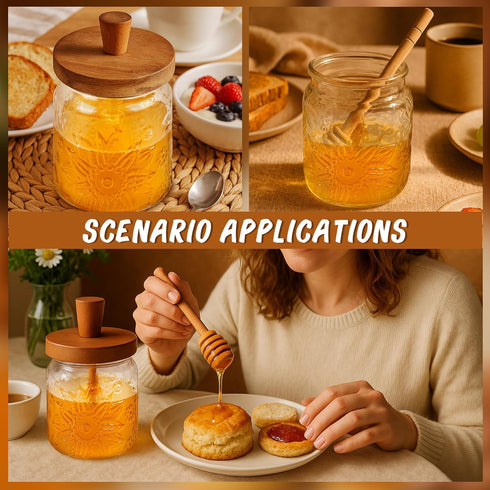 Set, Loscarol Honey Jar with Dipper and Lid - Bohemian Vintage Glass Honey Pot with Wooden Honey Dippers Stick Wide