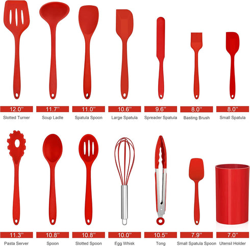 LIANYU 14 Pcs Cooking Utensils Set with Holder, Heat Resistant Silicone Kitchen Cookware Utensils Set, Kitchen Cooking Tools Includes Spatula Spoon Turner Whisk Tong, Dishwasher safe, Red by LIANYU