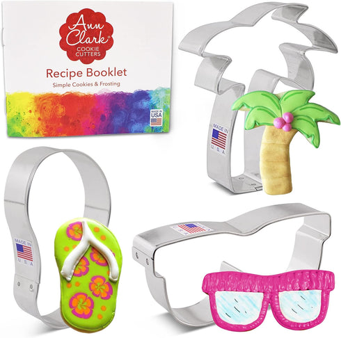 Ann Clark Summer Beach Cookie Cutters 3-Pc. Set, Flip Flop, Sunglasses, Palm Tree, Made in USA