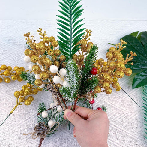 LEBERY 14Pcs 7.8 Inch Gold Christmas Glitter Berries Stems Christmas Tree Picks Artificial Christmas Picks Stems Faux