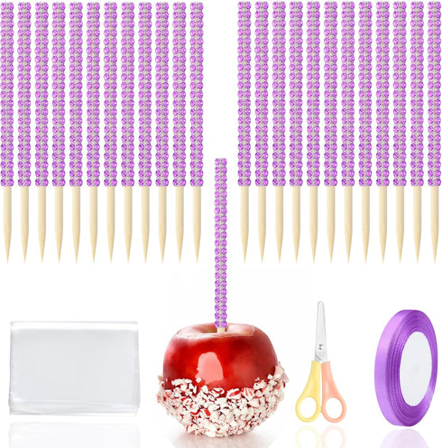MULTIONS 26+24PCS Candy Apple Stick set,Treat Sticks Including24PCS 6-Inch Rhinestone Apple Bamboo Stick24PCS