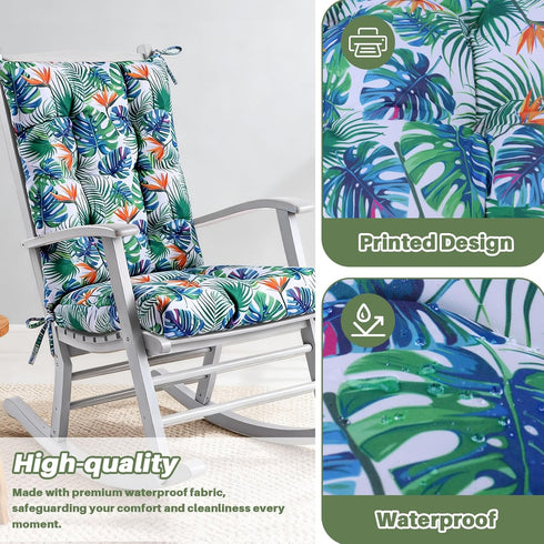 QemoraHome Set Tropical Rainforest Style Rocking Chair Cushion Waterproof Tufted with Ties Non-Slip High Back Chair