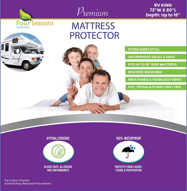 RV King Waterproof Mattress Protector (72" Wx80" L) – Premium Fitted Sheet Style Cover Against Dust Allergens