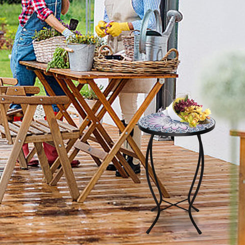 14 MUMTOP Side Patio Tables-Mosaic Outdoor Side Table - Flower Glass Accent Round EndTable, Plant Stand Indoor Small