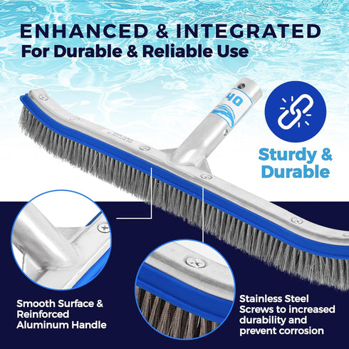 440 18-inch Heavy Duty Pool Brush - Extra-Wide Metal Brush Head with Stainless Steel Wire Bristles & Curved Edges