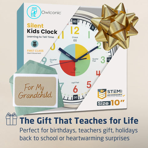 OWLCONIC Non Ticking Analog Clock for Kids, Teaching Clock for Wall, Silent Homeschooling Resource
