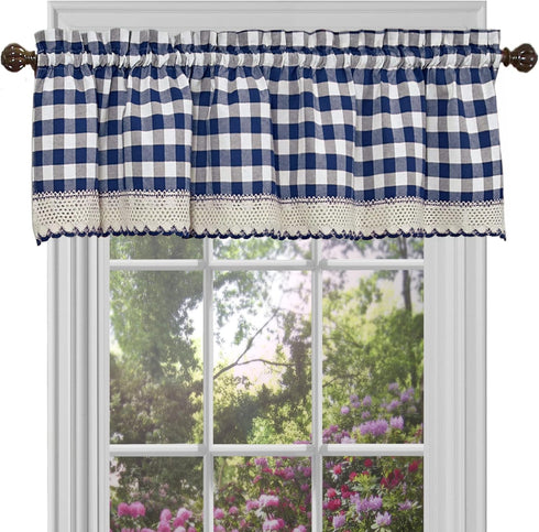 Buffalo Check Valance Window Curtains - 58 Inch Width, 14 Inch Length - Navy Blue & Ivory White Plaid - Light Filtering