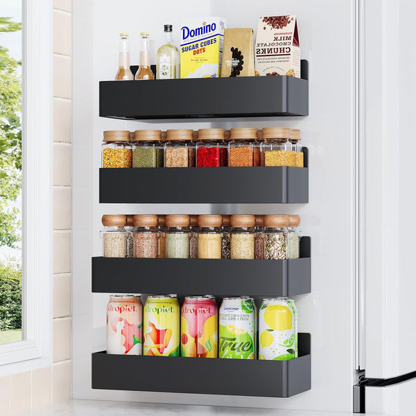 Magnetic Spice Rack for Refrigerator, Kitchen Organizer and Storage Shelf, Black (4 Pack)