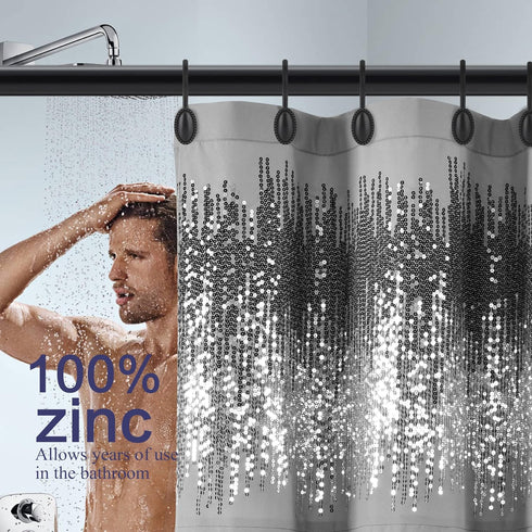 Shower Curtain Hooks, Set of 12, Black, Decorative, Zinc, Rust Resistant, Regular Size for Standard Shower Poles