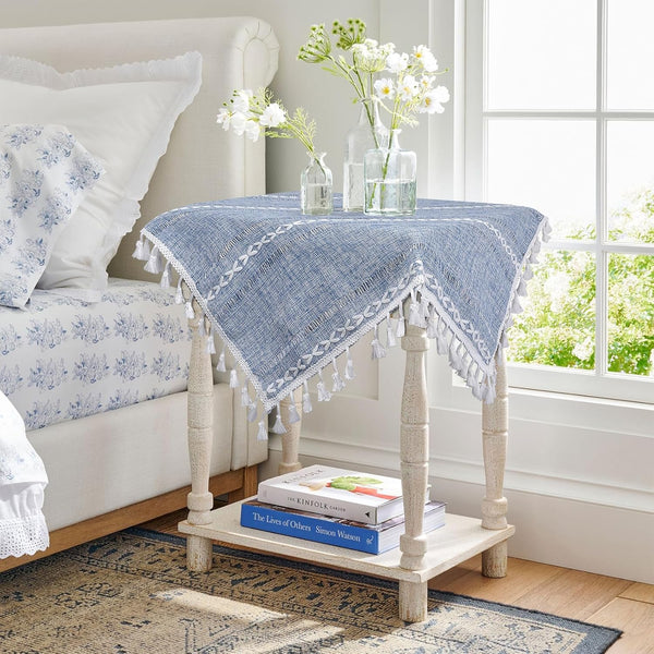 Dusty Blue and White Small Tablecloth 24''x24'', Spring Boho Square Nightstand Cover,
