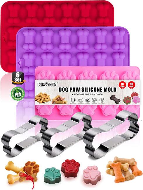 Puppy Dog Paw and Bone Silicone Molds, Non-Stick Food Grade Molds for Baking, Set of 6 Dog Bone Cookie Cutters