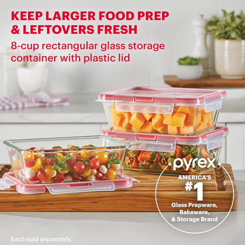 Pyrex Freshlock Glass Food Storage Container, Airtight & Leakproof Locking Lids, 8 Cup