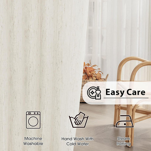 FMFUNCTEX Beige Linen Sheer Curtains for Bedroom, 54 inch Length Natural Flax Blend Draperies, 2 Panels Rod Pocket for