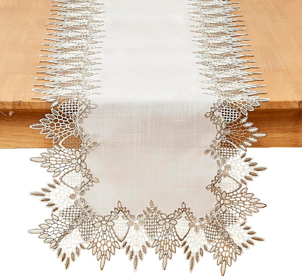White Linen Table Runner 60 inches Long, Neutral Earth Tones Beige Lace
