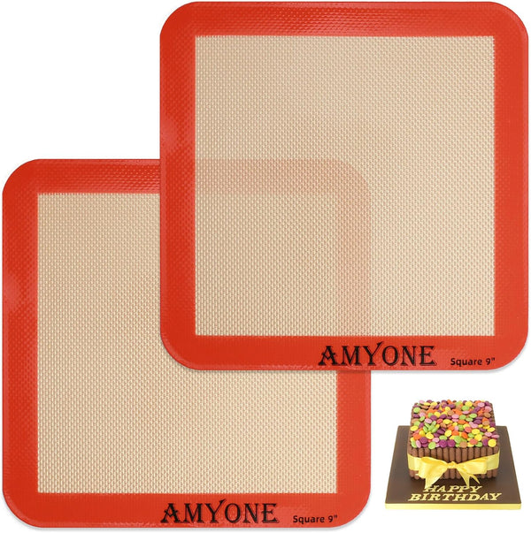 Square Silicone Baking Mats for 9 Inch Cake Pan, 8.5" Non-stick Reusable Silicone Mat for Baking Pan (2 PCS)