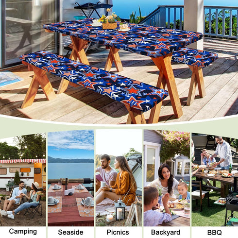 HobbLab Rv,72in,Blue Picnic Table Cover with Bench Covers Portable Table Cloth Built-in Storage Pocket Fitted