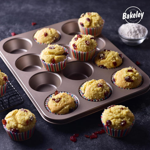 Muffin Cake Pan, 12-Cavity Non-Stick Cupcake Bakeware for Oven Baking (Champagne Gold)