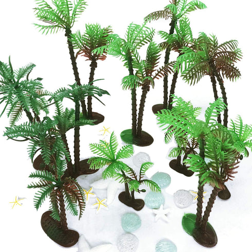 Allazone 42 PCS Coconut Palm Tree Set, 20 PCS Mini Plastic Palm Trees, 22 PCS Shell and Starfish for Cake Decorations