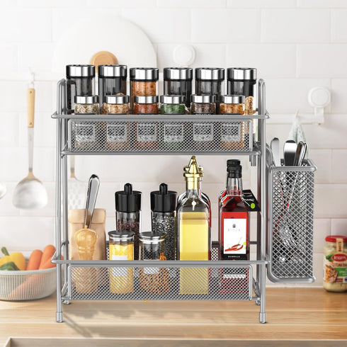 LEMIKKLE Spice Rack Organizer for Kitchen Counter, Metal Storage for Spices and Seasonings with Side Basket (Grey)