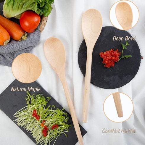Wooden Cooking Spoons Set - 14 Inch Maple Wood Mixing Spoon, Nonstick Kitchen Serving Utensil, 2 Pieces