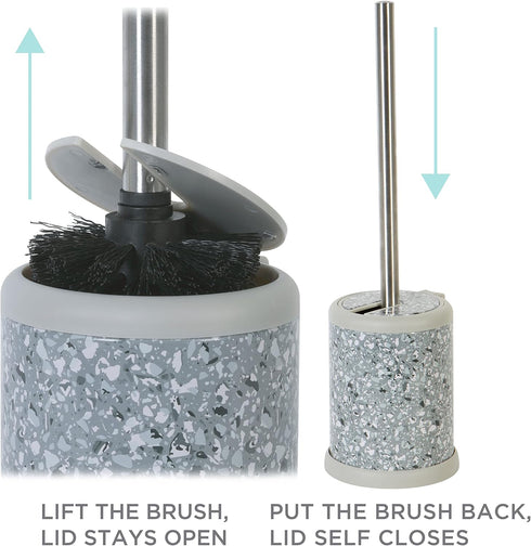 Bath Bliss Toilet Brush and Holder with Self Closing Lid, 360 Degree Brush Head, Compact Size, Terrazzo Grey with Pink