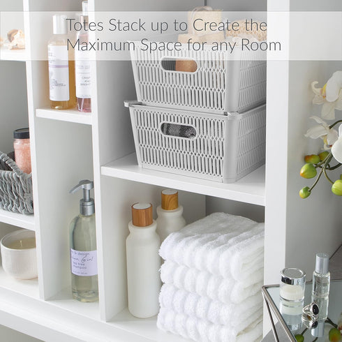 Simplify 2Pk Large Slide Stack It Tote Basket, Open Bins for Storage & Organization, Bathroom, Crafts, Office (Grey)