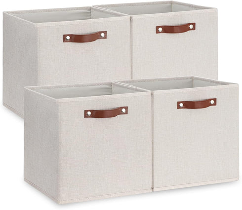 Temary Fabric Storage Cubes with Dual Leather Handles, 4 Pack Cube Baskets 13x13 for Home, Office, Nursery