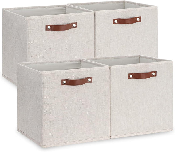 Temary Fabric Storage Cubes with Dual Leather Handles, 4 Pack Cube Baskets 13x13 for Home, Office, Nursery