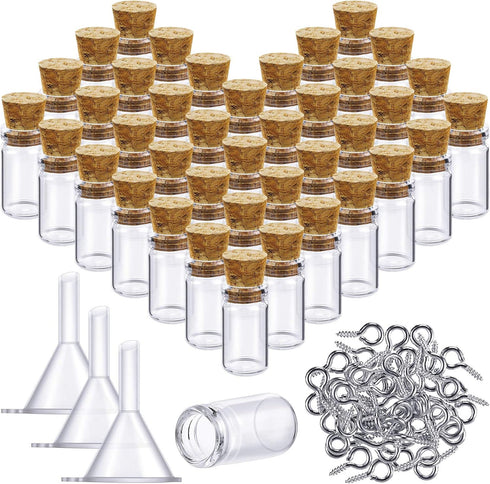 Yungyan 50 Pieces Small Mini Glass Bottles with Cork Stoppers Set, Tiny Cork Bottles with Eye Screws & Funnel for DIY