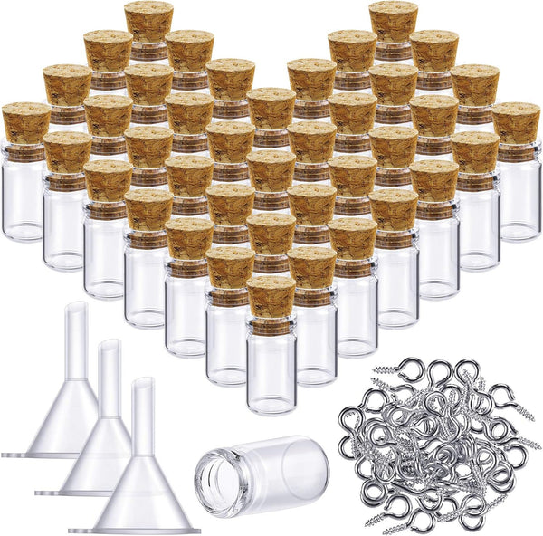 Yungyan 50 Pieces Small Mini Glass Bottles with Cork Stoppers Set, Tiny Cork Bottles with Eye Screws & Funnel for DIY