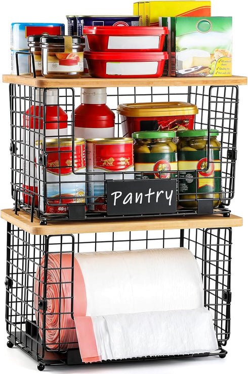 1 Pack Counter Stackable Storage Trash Bag Baskets with Bamboo Top, Large & Standard Trash, Garbage Bag Holder