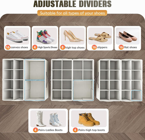 2 Pack Closet, 16 Budding Joy Shoe Organizer for Clear Foldable Shoe Storage Containers Adjustable Dividers Fits