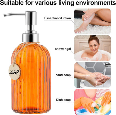 16 OZ Soap Dispenser, Clear Tempered Glass with 304 Stainless Steel Pump for Bathroom, Kitchen, Lotion (Orange)