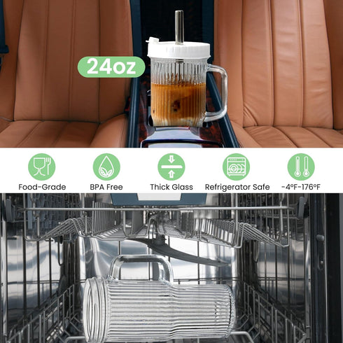 24oz Handle,4Pack Ribbed Glass Tumbler With Glass Cup with Lids and Straws,Reusable Glass Iced Coffee Cups