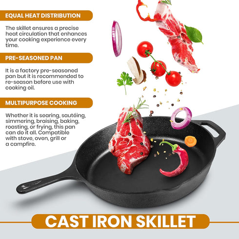 Utopia Kitchen 10 Inch Pre-Seasoned Cast Iron Skillet with Lid, Nonstick Frying Pan for Indoor & Outdoor Use