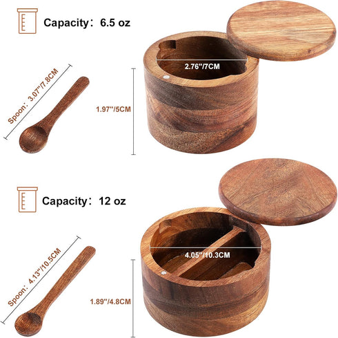 Acacia Wood Salt and Pepper Bowl, Nature Wood Salt Cellar with Built-in Spoon and Magnetic Swivel Lid (Single