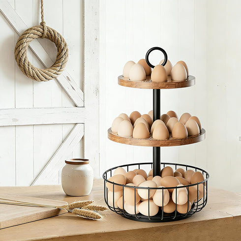 Wolera 3-Tier 360 24+40 Counter Rotating Egg Holder with Egg Capacity - Rustic Farmhouse Kitchen Organizer, Tiered Egg