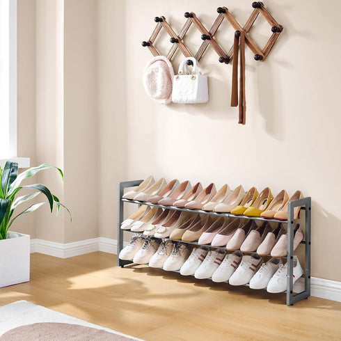 3-Tier Closet FAVOOSTY Expandable Shoe Rack, Adjustable Shoe Shelf Storage Organizer Space Saving Metal Free Standing