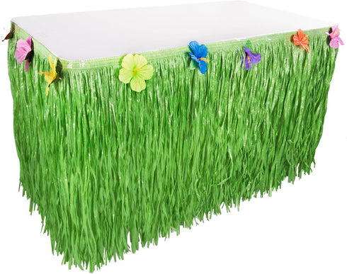 Luau Grass Table Skirt, Natural Hawaiian Table Skirt, Tropical Party Decorations, 9 Feet x 29.5 Inch (Green)