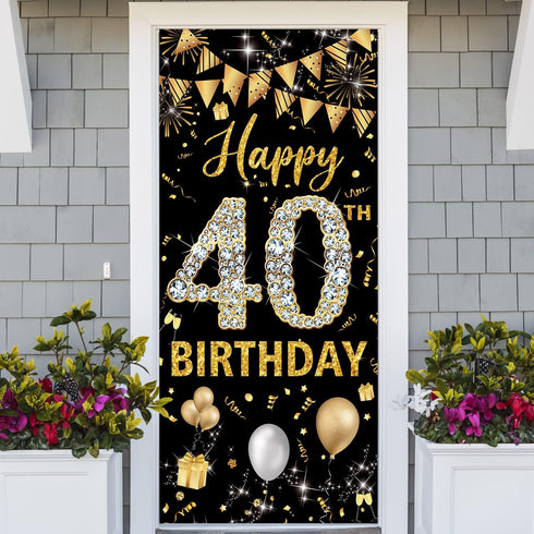 40th Birthday Decorations Door Banner, Black Gold Happy 40th Birthday Sign Poster Decor, 6.1ft x 3ft Fabric Backdrop