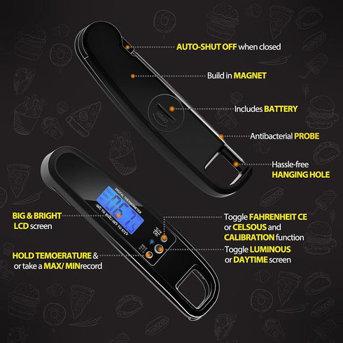 Instant Read Meat Thermometer for Kitchen Cooking, Ultra Fast Waterproof Digital Food Thermometer with Backlight