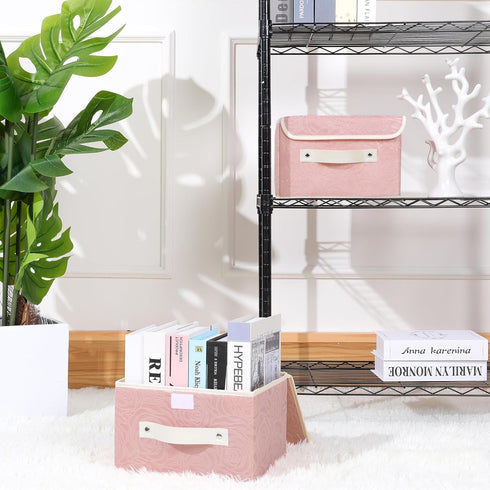 ANMINY Fabric Storage Bin with Lid, Rose Print Storage Box with PU Leather Handles, Washable PP Plastic, Pink, Small
