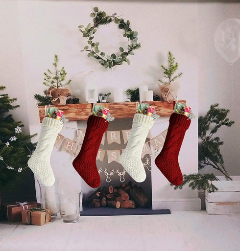 Unique Burgundy and Ivory White Knit Christmas Stockings, Pack of 6, 18"