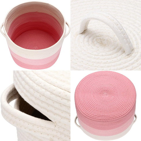 Sea Team Large Cotton Rope Woven Storage Basket with Lid, 16 x 20 inches, White & Pink, Clothes Toys Organizer