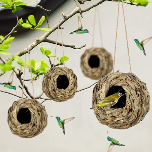 winemana 4 Pack Hanging Bird Nest House for Outside, Hand Woven Ball Shape, Durable Natural Grass for Garden Patio