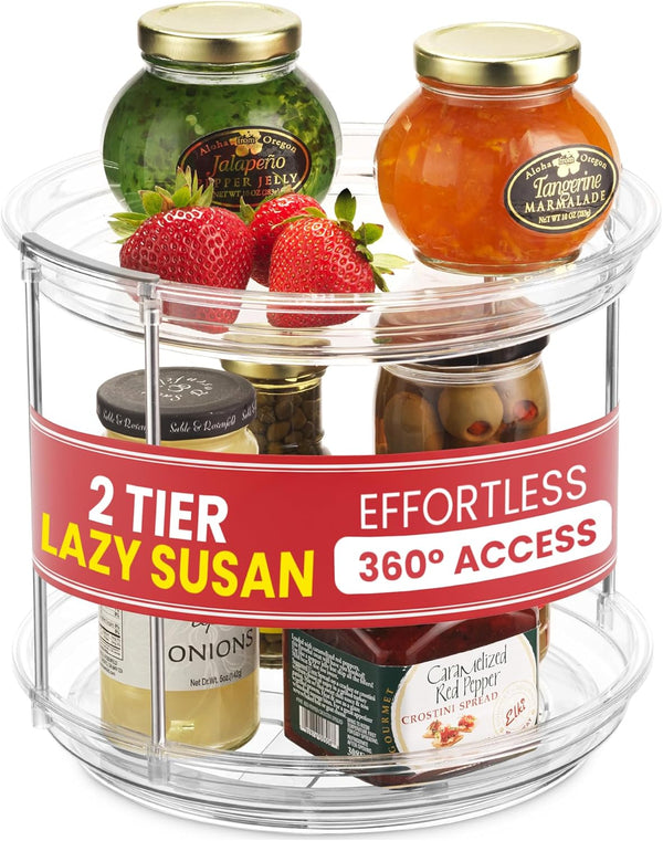 Oizeir 2 Tier Lazy Susan Organizer for Cabinet, Clear Acrylic Rotating Spice Rack