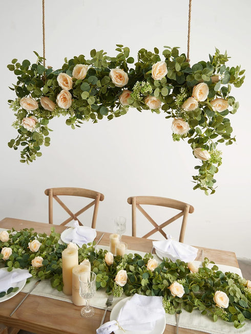 PARTY JOY 6.56ft Eucalyptus Garland with 8 Champagne Roses, Lush Floral Greenery for Party Wedding Decor