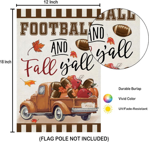 Welcome Thanksgiving Fall Garden Flags - FOOTBALL and Fall Y'all Truck with Maple Leaves, 12x18 Inch Outdoor Decor