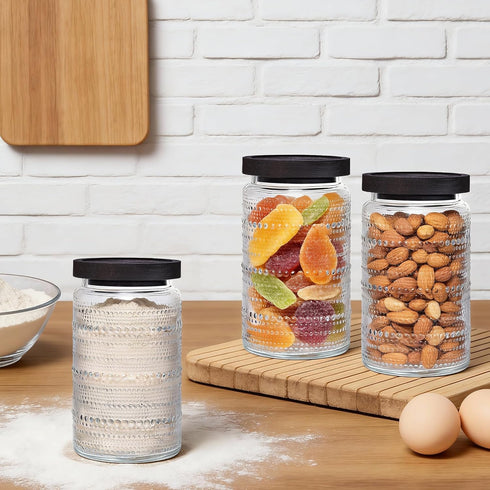 32oz 3 Pack, WACOI Glass Jars with Wood Lids Glass Canisters Glass Jars Food Storage Containers for Candy, Oats